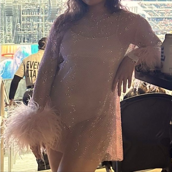 MARAYA Rhinestone Mesh Long Sleeve Mini Dress With Slip dress - Picture 2 of 7